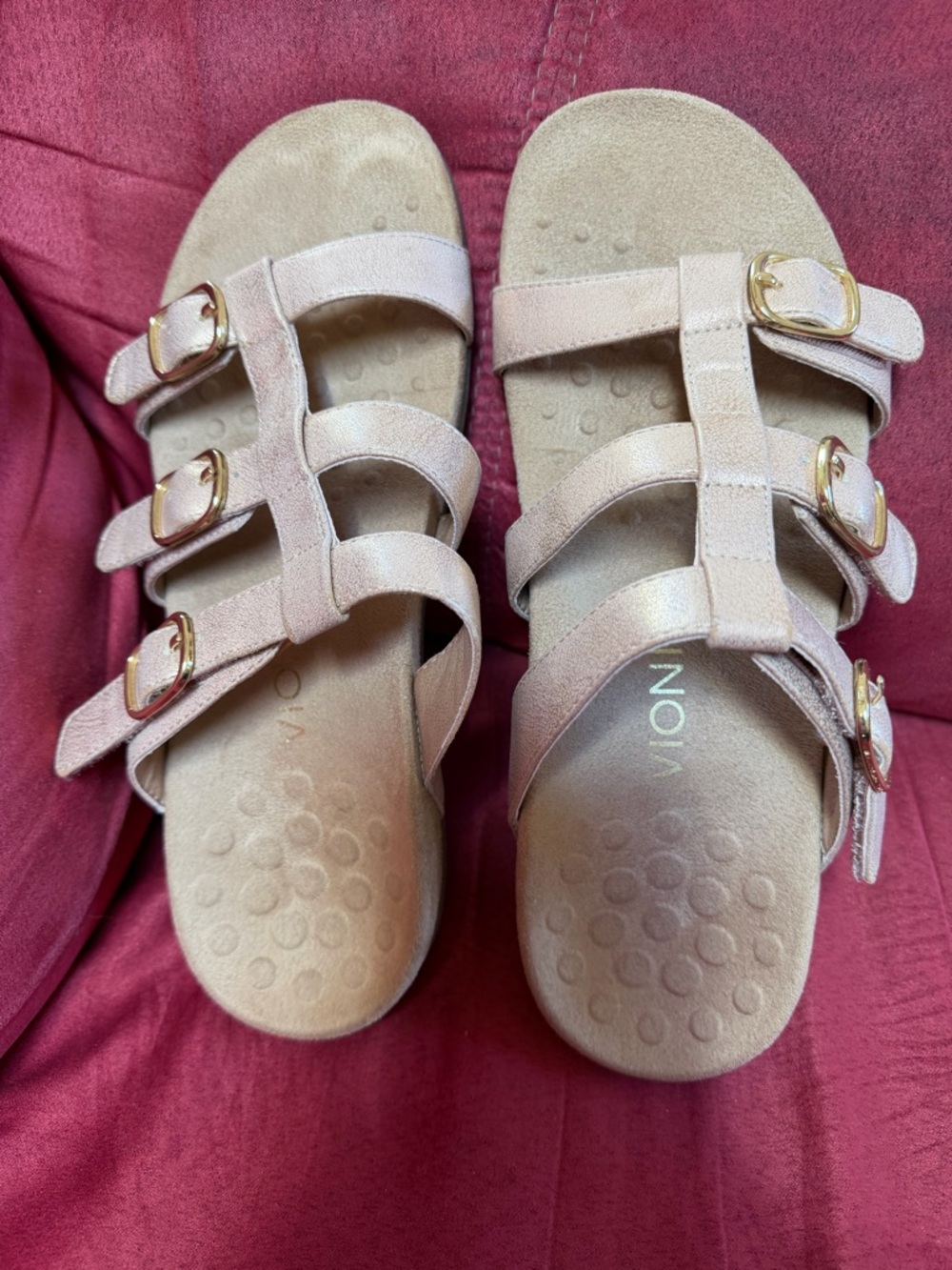 Vionic Women's Rose Gold Triple Buckle Slide Sandals